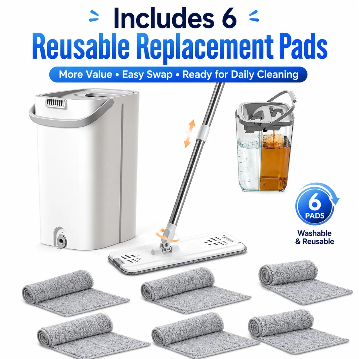 【6 Replacement Pads】Flat Mop and Bucket Set with Wringer, Wet & Dry Floor Cleaning System with 6 Washable Microfiber Pads, Stainless Steel Handle, Mop Bucket Set for Hardwood, Tile, Vinyl and Laminate Floors