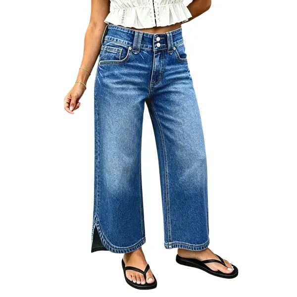 Flamingals Wash Split Hem Dual Button Mid Rise Wide Leg Jeans Womenswear Stretchy 25.4" Inseam