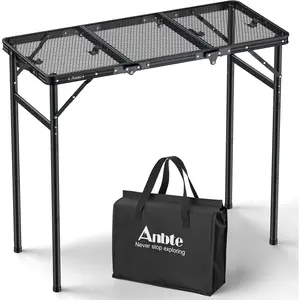 Anbte 3ft Tri-fold Grill Table, 2 Adjustable Heights Max 29.5" Sturdy Metal Grill Table with Storage Bag, Heat-Resistant Tabletop, Portable Handle for Cooking BBQ Outdoor Travel, 35" x 16", Black