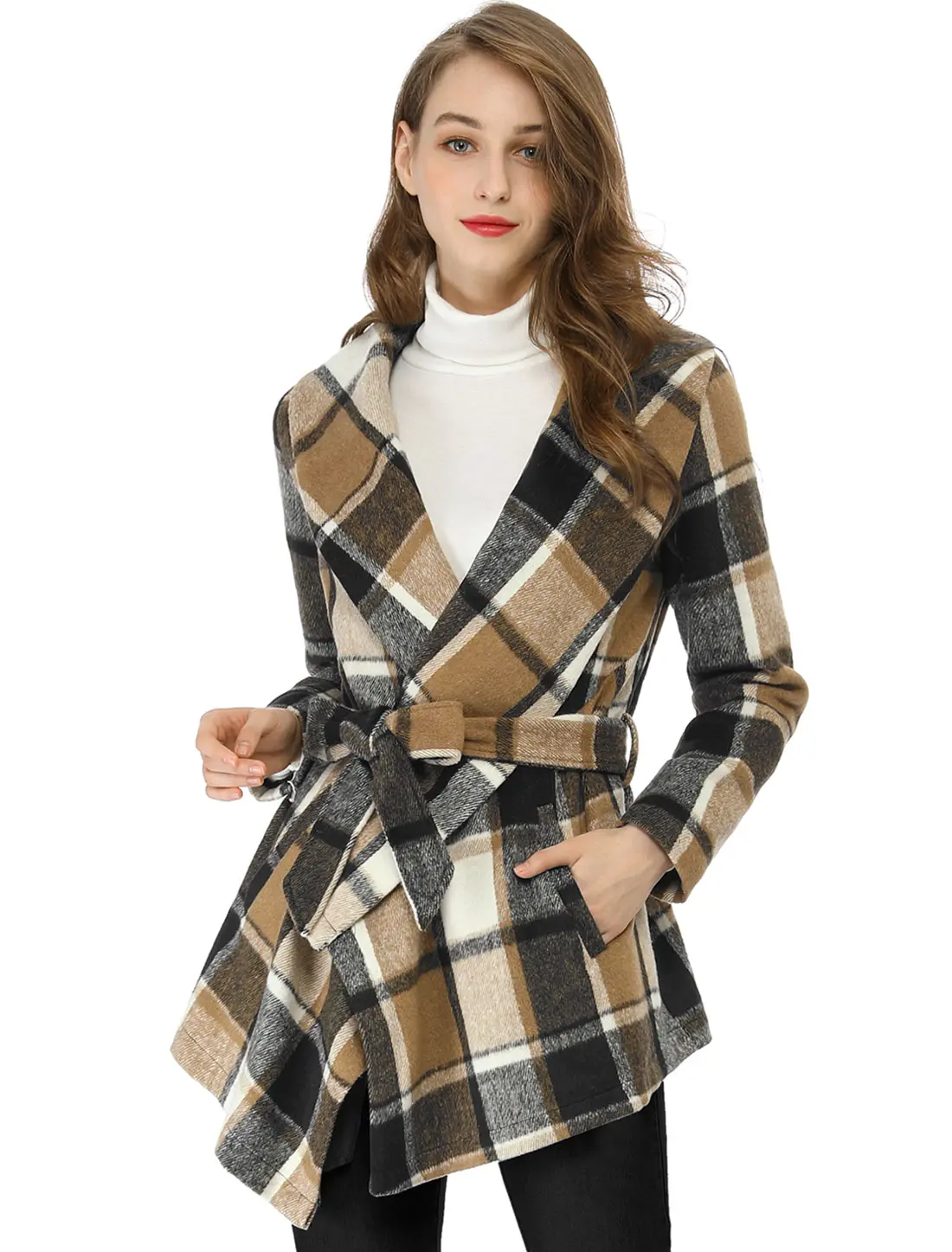INSPIRE CHIC Turn Down Collar Asymmetric Hem Thin Plaids Wrap Coat