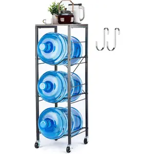 5 Gallon Water Jug Holder - 3-Tier Water Jug Rack with Wheel Reinforced X-Shape Design, 5 Gallon Water Jug Stand with Storage Shelves for Kitchen, Living Room, Office