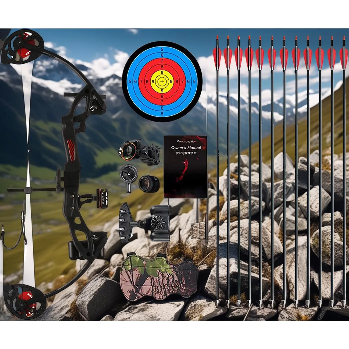 Black Right-Handed Compound Bow for Youth and Beginners, Adjustable 19-28" Draw Length & 15-29 Lbs Draw Weight, 260 FPS Outdoor Archery Set for Target Shooting & Field Practice, Draw Length 19-28"