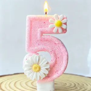 1PCS Pink birthday party cake candles, Flowers glitter number candle cake decorations for anniversaries, handmade creative birthday candles
