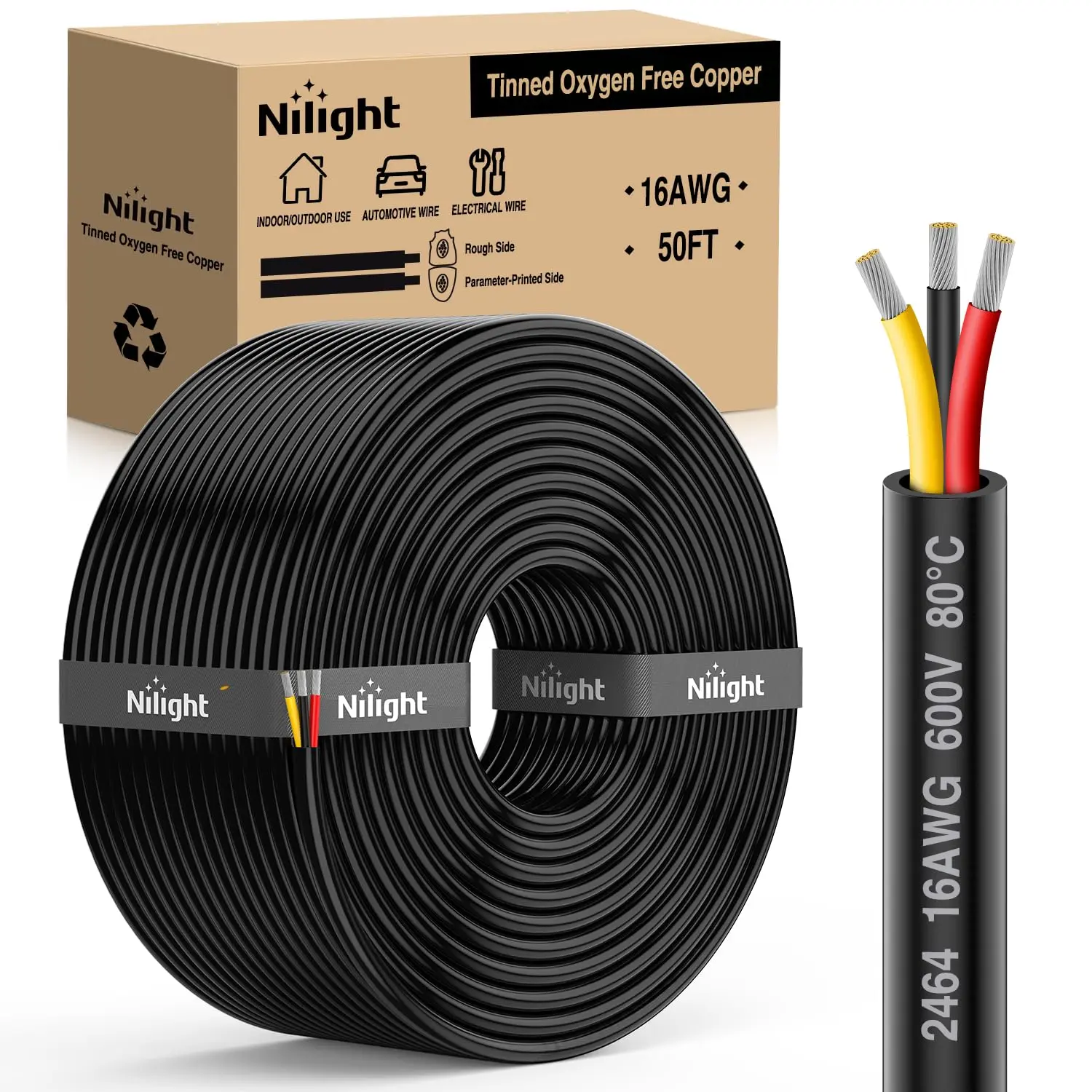 Nilight 50FT 16AWG 3-Conductor Copper Wire Cable - Tinned Oxygen-Free PVC+Copper, Red/Black/Yellow Parallel Colors, 600V DC Flexible Water Resistant Cord, Anti-Corrosion, Better Conductivity for LED Strips, Lamps, Solder (All Seasons Use)