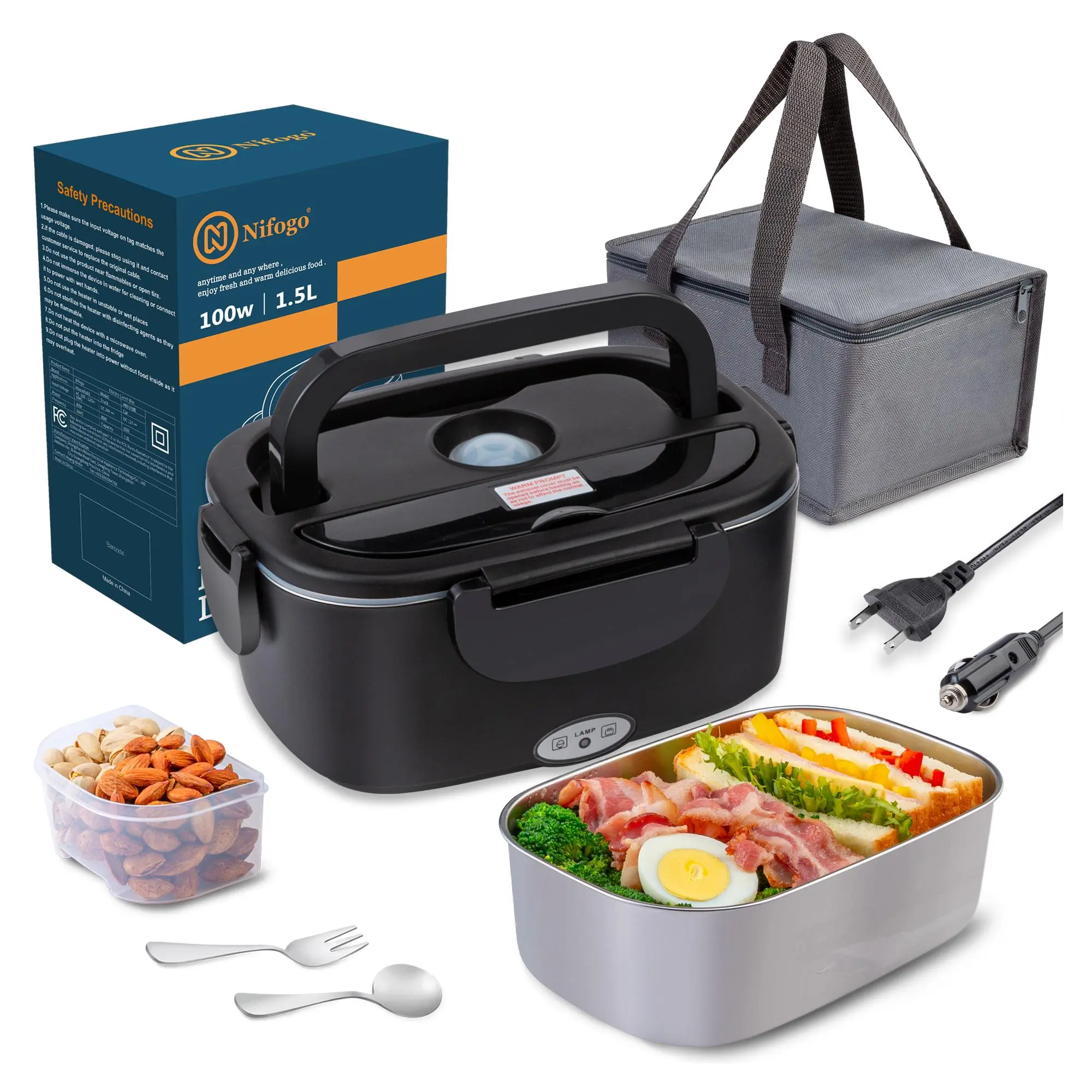 Electric Lunch Box 80W-100W Food Warmer 12/24V/110V Portable Heated Lunch Box with Fork & Spoon, Insulated  Bag, BPA Free, Leak-Proof, Modern Design Tableware 80W/1.5L/Black/Tg