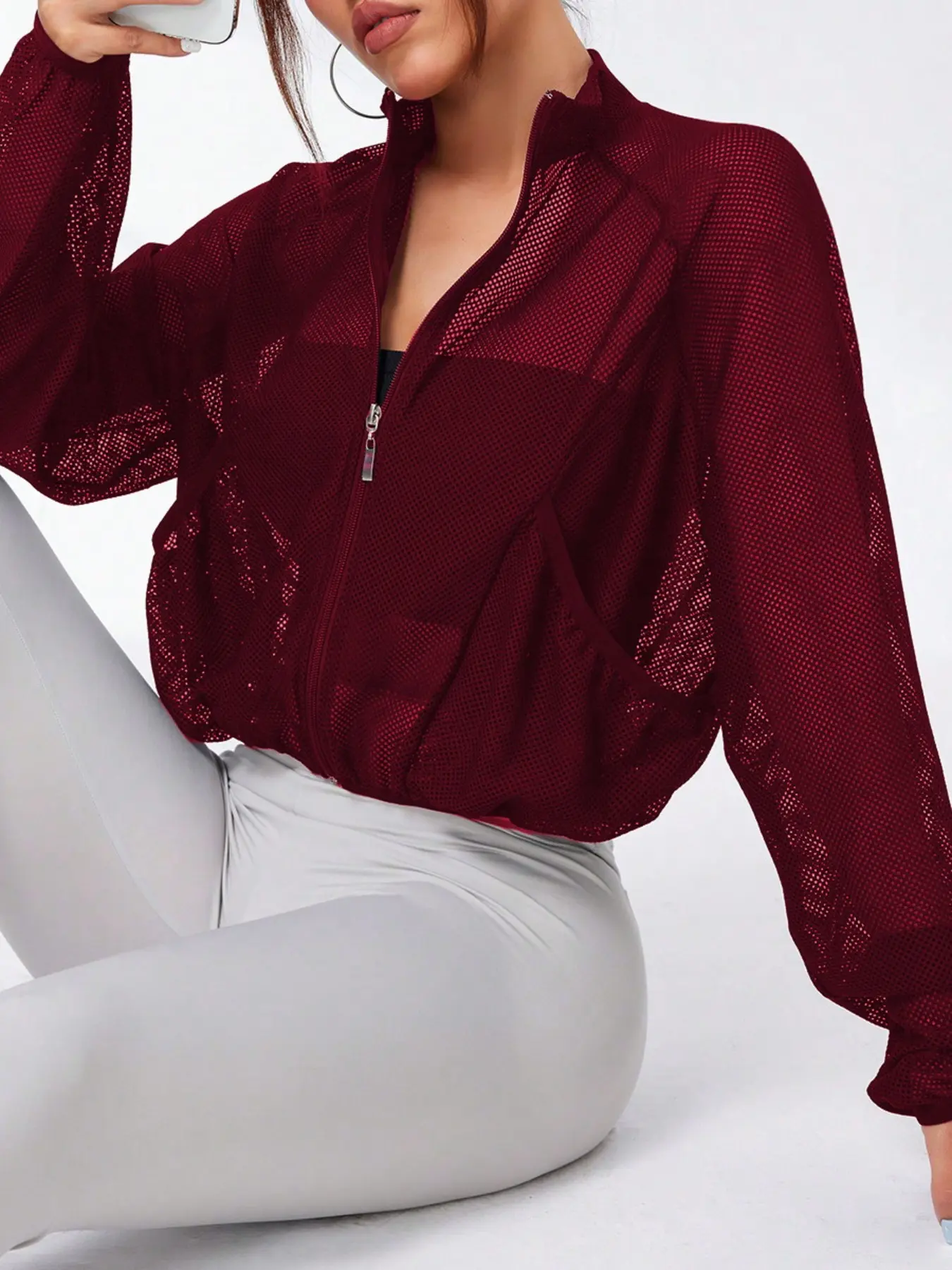 Women's High Neck Quick-Dry Mesh, Transparent Sexy Sports Outerwear with Pockets, Casual Sporty Long Sleeve Loose Fit Yoga Jacket Top