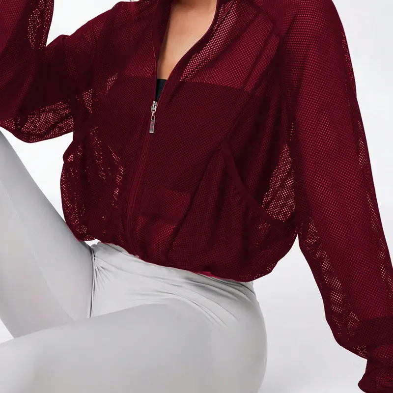 Women's High Neck Quick-Dry Mesh, Transparent Sexy with Pockets, Casual Sporty Long Sleeve Loose Fit Yoga Jacket Top Fitness Outerwear