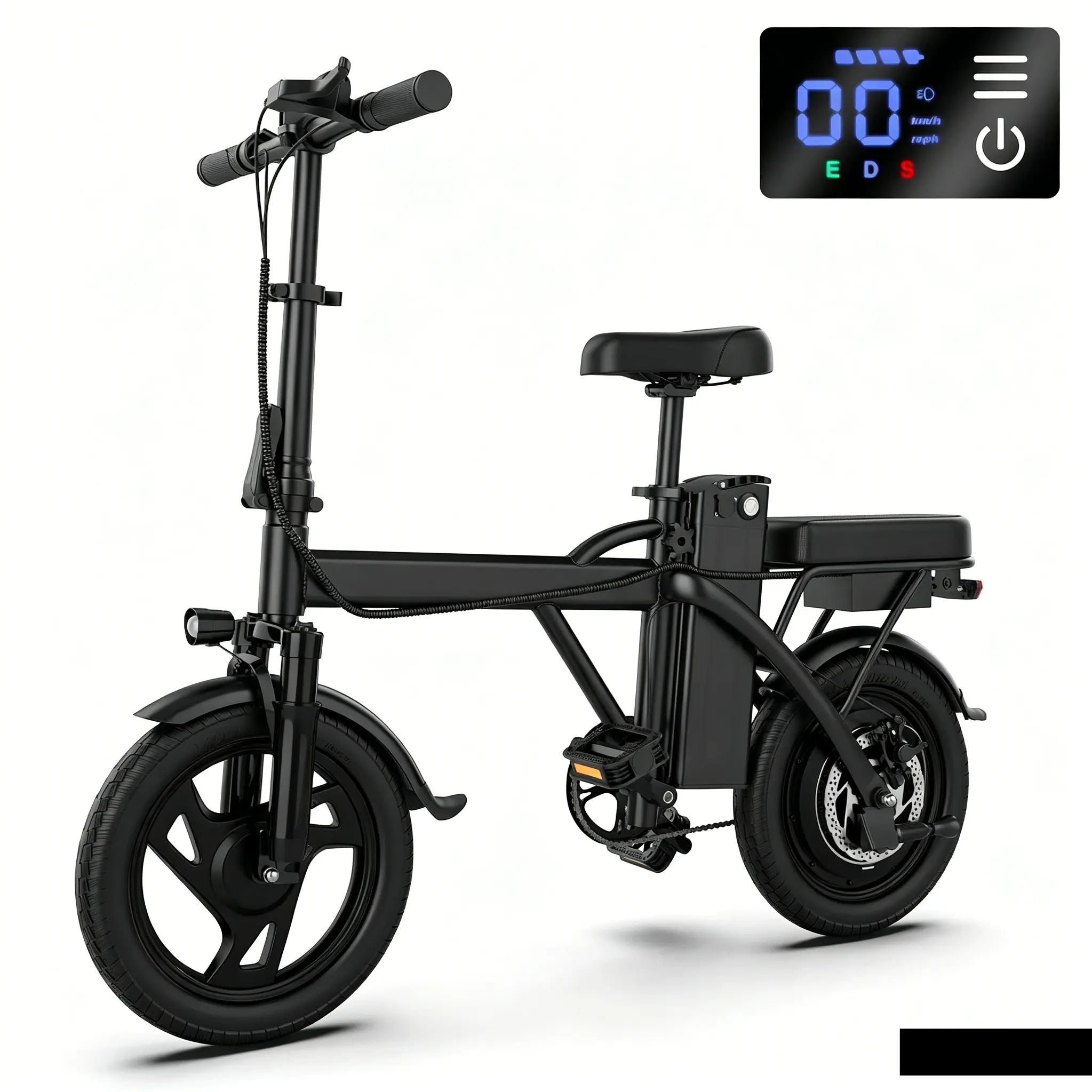 Adult 500W Folding Ebike, 14" Pneumatic Tires, 20 MPH Top Speed, 30-40 Mi Range, 2-Seat Commuter Design, Front Hydraulic Suspension, Removable Anti-Theft Battery, City Use & Charger Included