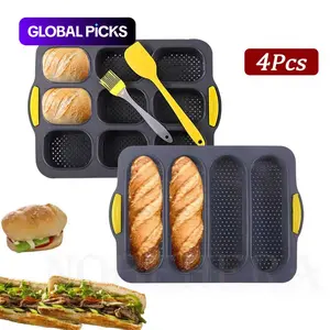 Silicone Baguette Baking Mold, Silicone Loaf Molds, 4 Counts/set Including 2 Baguette Food Baking Pans, Spatula and Oil Brush, Heat Resistant Non-stick Baking Mold for Home Kitchen #GLOBAL PICKS