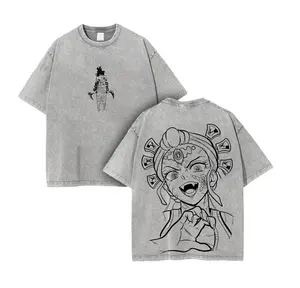 Daki Demon Slayer Vintage Washed Tee – Oversized Unisex Heavyweight Cotton Shirt with Double-Sided Anime Print, Kimetsu no Yaiba Gift