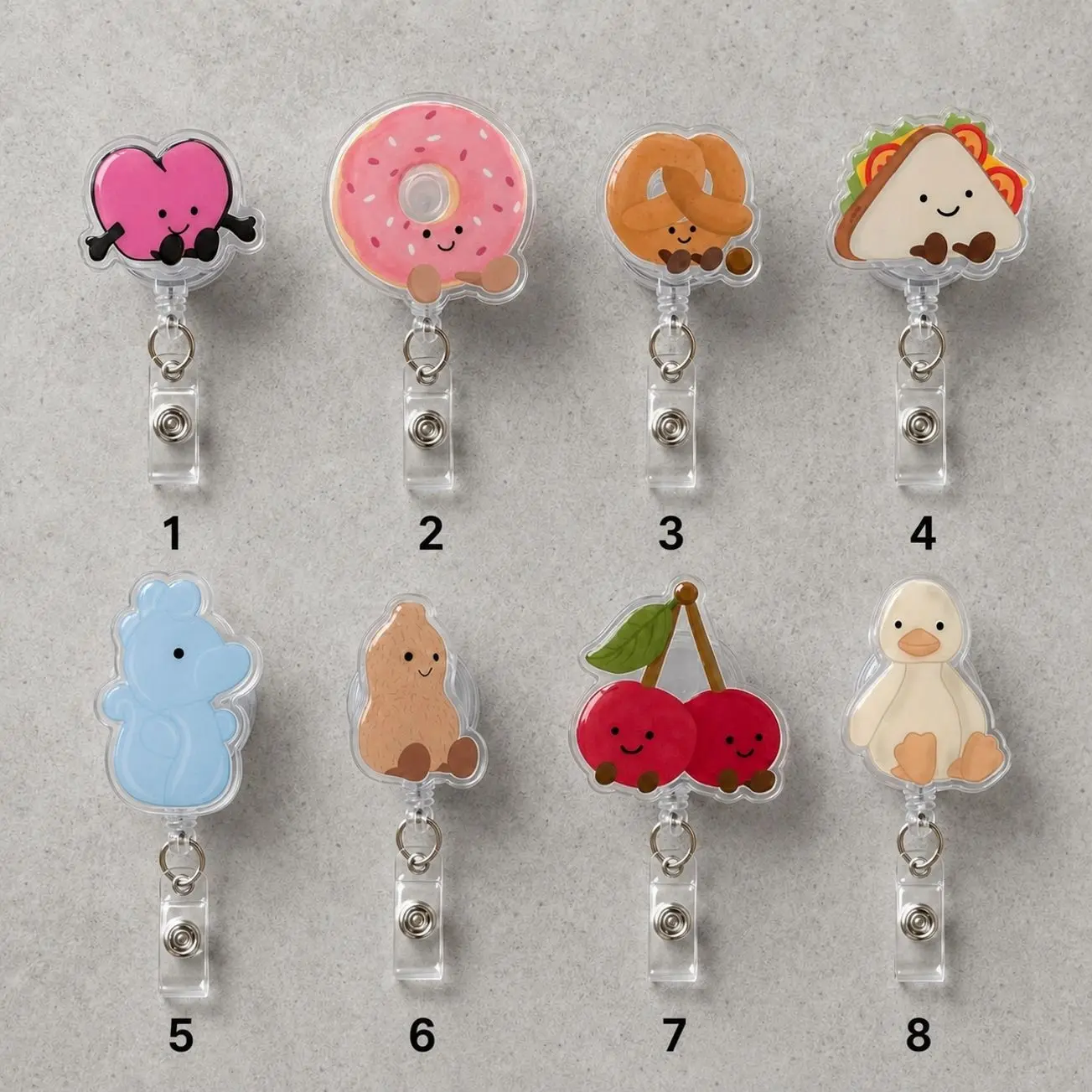 Cute Food Donut Heart Pretzel Sandwich Cherry Duck Retractable Badge Reel ID Holder Nurse Teacher RN Office Accessories