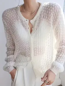Women's Spring Autumn Vacation Casual Hollow Out Knit Front Button Cardigan, Stylish and Comfortable Outerwear for Daily Wear