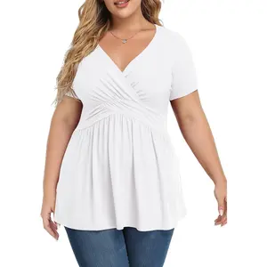 Women's Plus Size Dressy Tops Wrap Shirt Short Sleeve Tunic Top V Neck Low Cut Cute Blouse