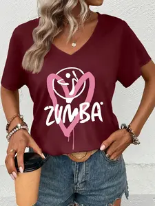 Women's Heart & Zumba Print V Neck Tee, Casual Loose Short Sleeve T-shirt for Daily Wear, Ladies Clothes for All Seasons, Top