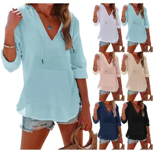 V-neck Hooded Long-Sleeve Shirt With Pockets
