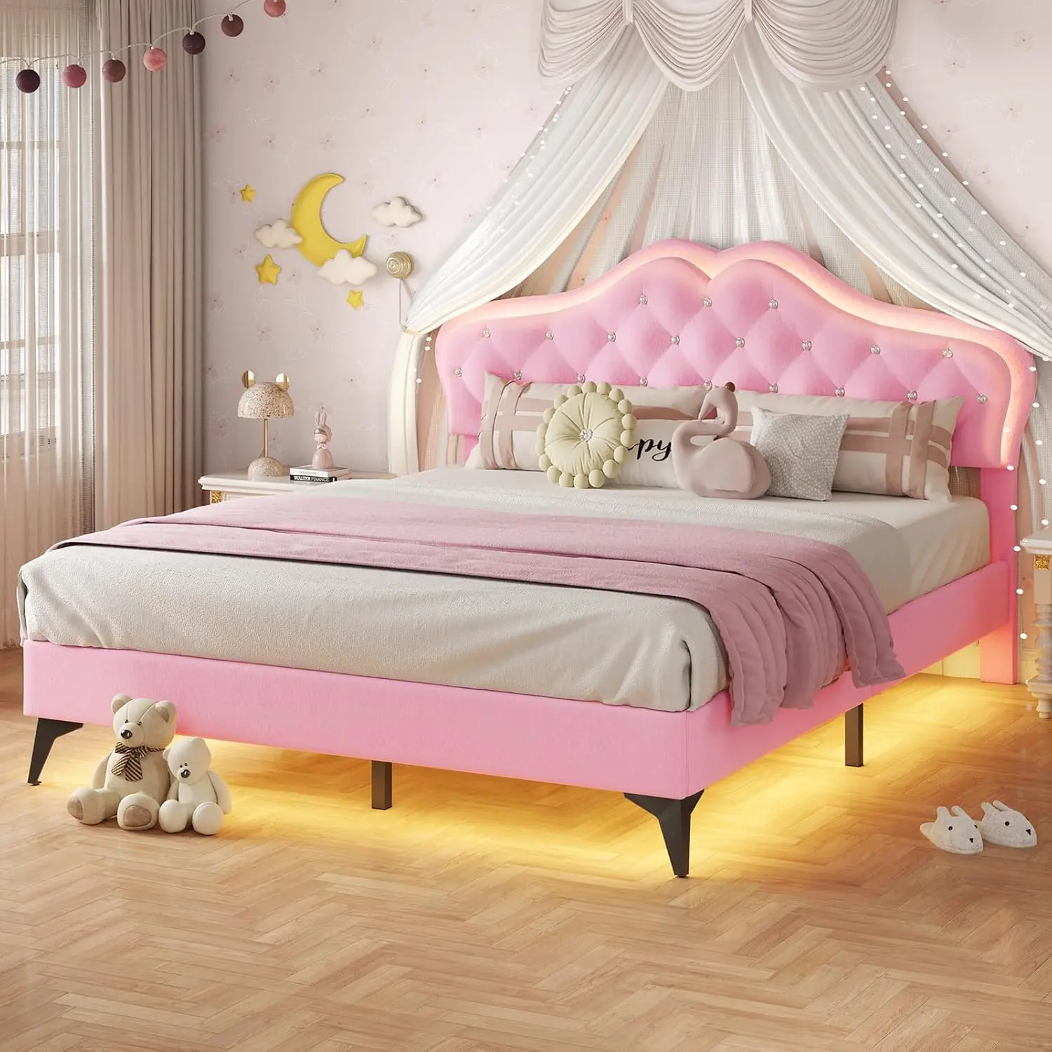SIKAIC Blush Pink Fabric Princess-Queen Bed Frame with Built-in LED Light Bar, 44.5"-46.5" Adjustable Crystal Tufted Headboard, Crystal Buttons, Heart Shape Design, Indoor Bedroom Furniture, Gifts for Girls, LED Lights Bedroom Decor, Built-In Led Light Ba