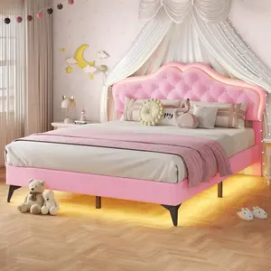SIKAIC Upholstered Bed Frame with LED Lights and Adjustable Headboard with Crystal Button Princess Platform Bed Pink Elegant Fabric Bedroom Furniture