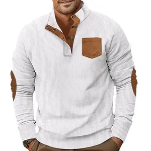 Europe and America Cross Border Sweater Men's Autumn and Winter Corduroy Henley Shirt Patch Pocket Stand Collar Long Sleeve Slim-Fit Contrast Colors Jacket