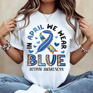 In April We Wear Blue Autism Awareness Ribbon And Puzzle Piece Print T Shirt Casual Round Neck Short Sleeve For Women Autism Awareness Month