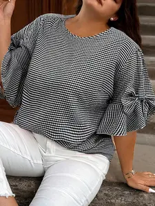 Plus Size XL-4XL Women’s Black Plaid Bow Decor Bell Sleeve Round Neck Jumper, Casual Everyday Vintage Plaid Pullovers for Women, Cute Preppy Flowy Sweaters, Chic Boho Aesthetic Long Sleeve Tops, Relaxed Fit Apparel