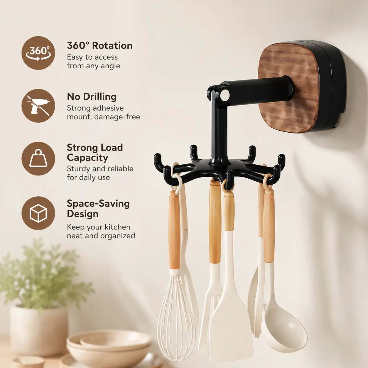 1 Count 360 Degree Rotating Suction Cup Utensil Hanger, No-drill 6 Hooks Wood Grain Wall Mount Rack for Kitchen Cookware Storage Organization