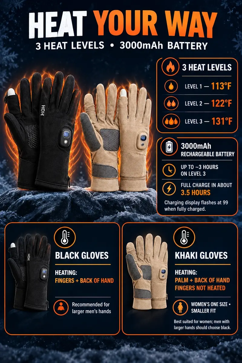 Rechargeable heated gloves: three heat levels, 3000mAh battery, and black versus khaki fit and heating coverage guide