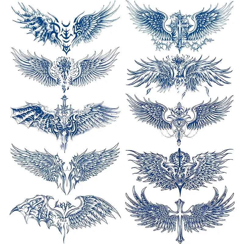 10 Piece Waterproof Temporary Tattoo Stickers, Fake Tattoos, Half Permanent Plant-Based Tattoos, Cross Flower Wing Designs, Easy to Use, Lasts 7-14 Days