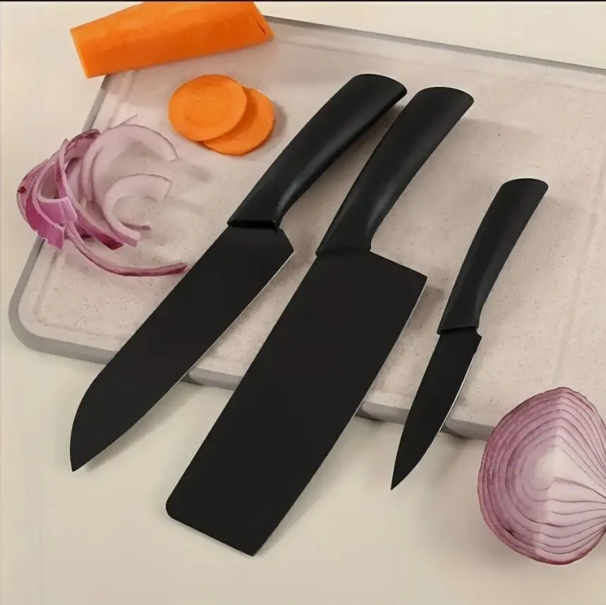 Black 3-Piece Premium Stainless Steel Kitchen Knife Set - Ultra-Sharp Non-Stick Blades, Versatile Chef’s Knives for Home Cooking Meal Prep (Chopping, Slicing, Dicing)