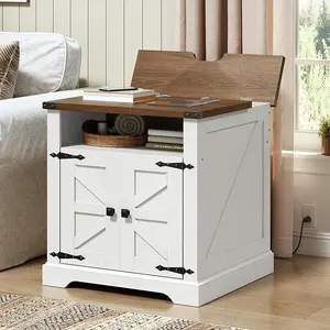 HOOBRO Farmhouse End Table with Charging Station, 23.6" Large End Tables for Living Room, Sofa Side Table with Barn Door, Wooden Square Nightstand Bedside Table, Flip Top, White and Walnut