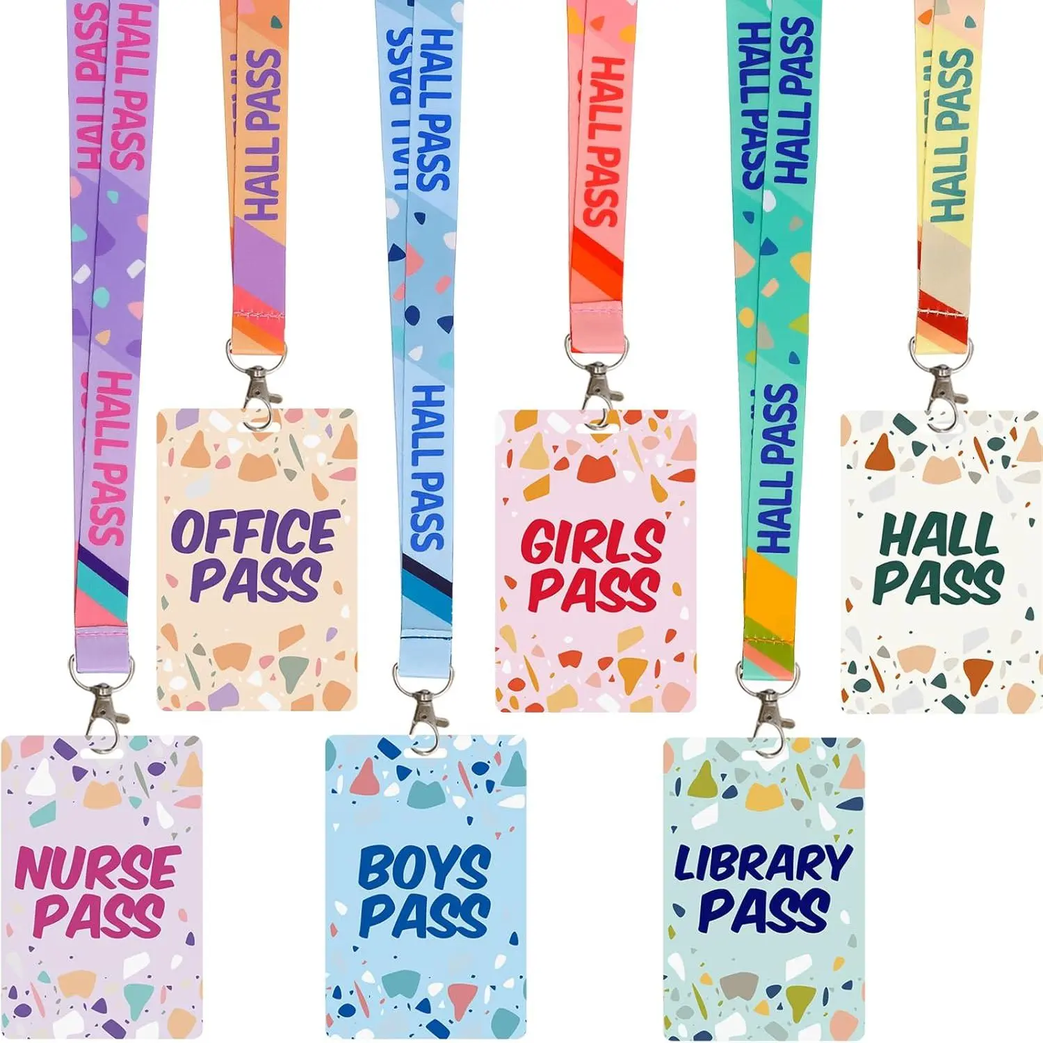 Terrazzo  Hall Pass Lanyards and School Passes Set of 6 Unbreakable Hall School Passes Teacher Supplies for Classroom Passes Bathroom Office Library Nurse Classroom