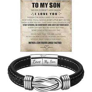 Personalized Son's Infinity Knot Bracelet , To My Son/Grandson Stainless Steel Infinity Knot Leather Engraved with Love You Forever Bracelet Forever Linked Together  for Birthday Christmas