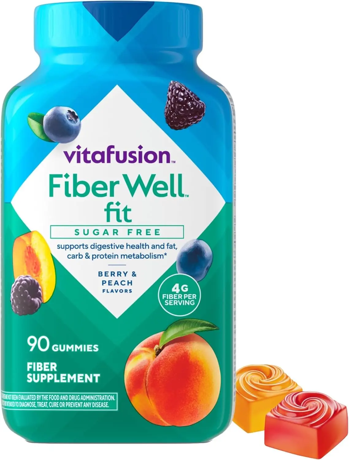 Vitafusion Fiber Well Fit Gummies | 4g | 90 Count | Sugar Free Adult Gummy | Vitamins For Women & Men | Berry & Peach Flavors | Gluten Free Supplement