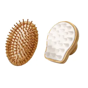 Bamboo Hair Care Set, Air Cushion Comb + Silicone Scalp Massager Brush, Dry Wet Use, Smooth Hair Cleaning Tool, Essential Haircare Kit