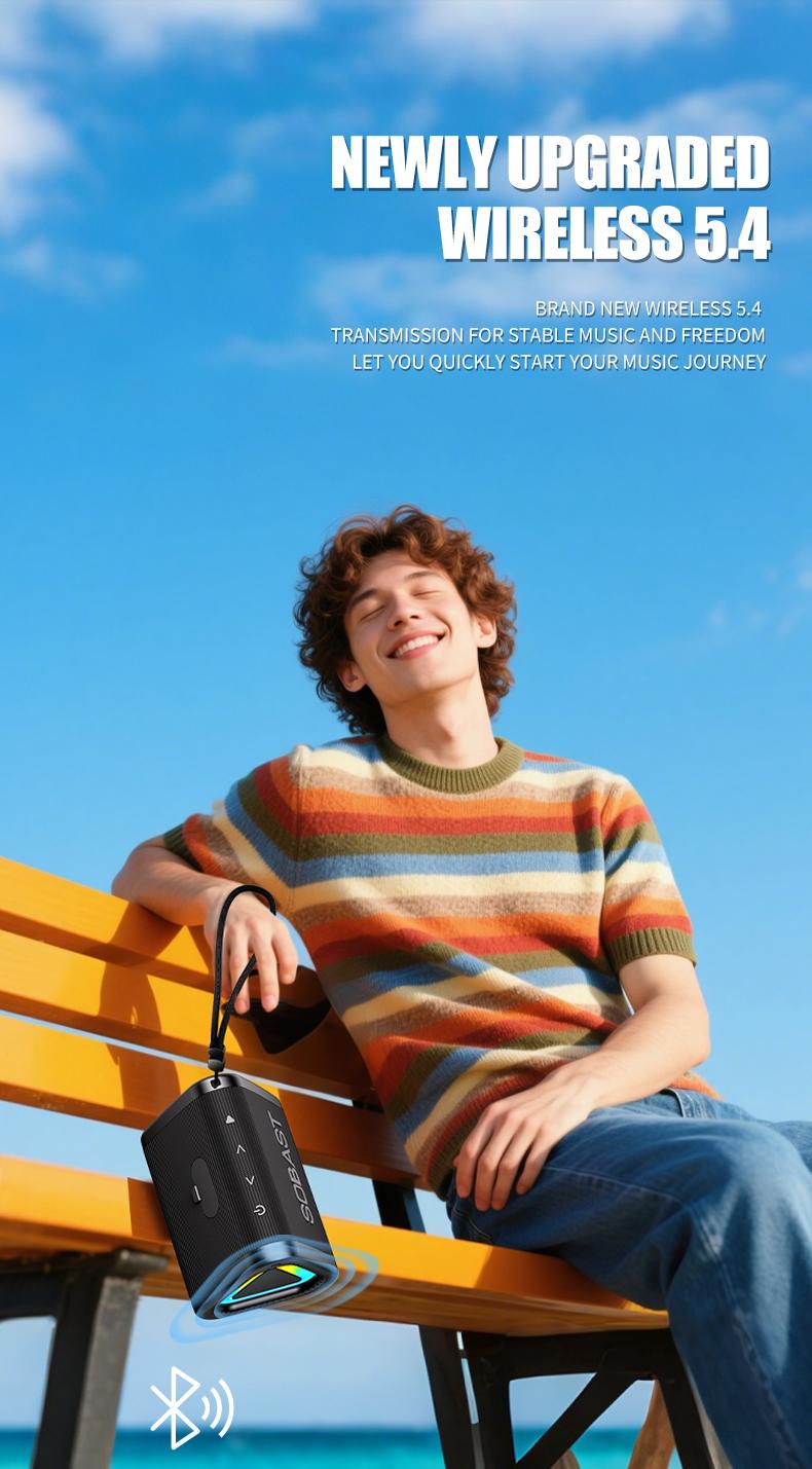 SOBAST Outdoor Bluetooth Speaker IPX5 Waterproof 360° Surround Sound RGB Lights Long Battery Life Powerful Bass Perfect for Home & Outdoor Use Supports Calling Audio Smartphone