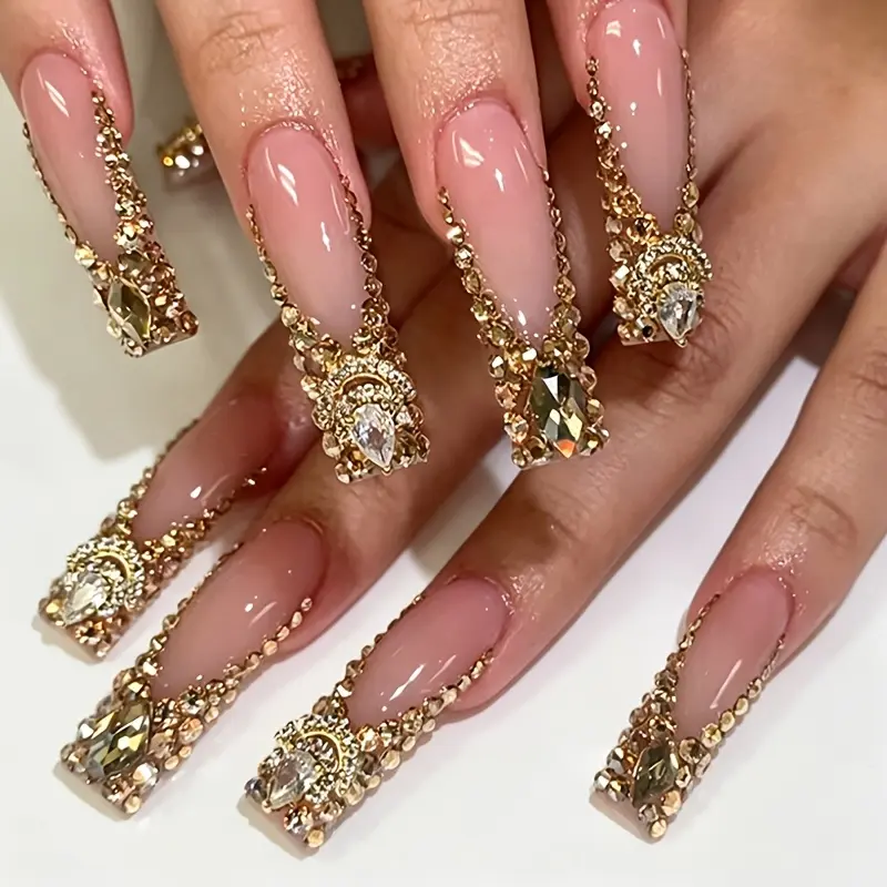 Women's 24PCS Long Square Press-On Nails - Bling Gold Chain, Crystal Rhinestone Decor - Luxury Instant Glam Artificial Stick-On Nail Supplies for Wedding Party