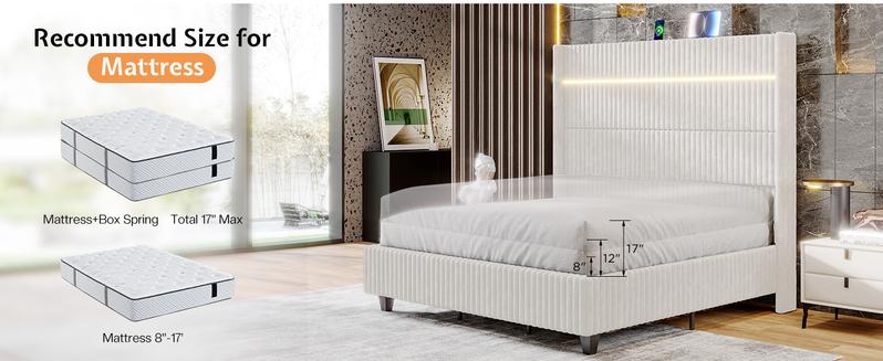 AMERLIFE Modern LED Bed Frame with Charging Station, Corduroy Upholstered Platform Bed with 60" Tall Wingback Headboard/No Box Spring Needed/Luxury Furniture Home Design/Queen/King Size/Best Gift Ideas/Christmas Gifts