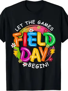 Field Day Fun Day Teachers Let The Games Begin Unisex T-Shirt|  Summer Short-Sleeved Printed Crew Neck Pure 220G, Vintage Style with Slight Stretch