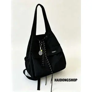 Multi-purpose Drawstring Closure Canvas Bag, Oversized A4 Compatible Casual Tote Bag with Side Pockets, Women Daily Commute Shoulder Backpack