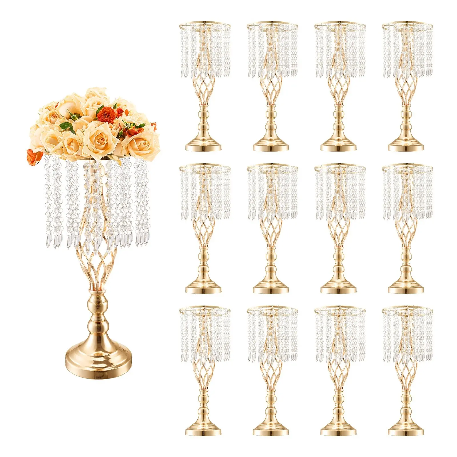 12-Piece Set Tall Crystal Wedding Flower Stand Vase, 49 Cm / 19.3 Inches Height, Clear Centerpiece Holder For Party Decor, Events, And Wedding Tables, Elegant Transparent Floral Stand For Bouquets And Arrangements