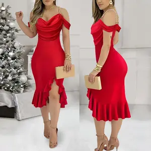 ChicMe Women's Cold Shoulder Pearls Strap Bodycon Dress Cowl Neck Ruffle Hem Wedding Guest Cocktail Evening Wedding Party Dresses