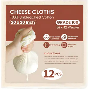 12Pcs Reusable Cheese Cloths 20x20 Inch, 100 Grade Cheesecloth Hemmed 4 Edges, 100% Unbleached Cotton Cheese Cloth Bag for Straining, Muslin Cloth Strainer for Baking, Juicing, Cheese, Crafts Making