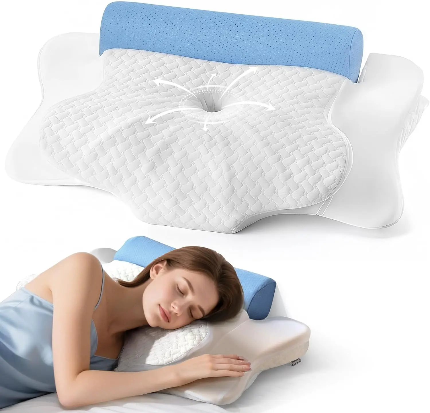 CCidea 2-in-1 Cervical Neck Pillow Ergonomic Memory Foam Pillow with Cooling Cover Adjustable Support for Side Back Stomach Sleepers Almohada Ortopedica