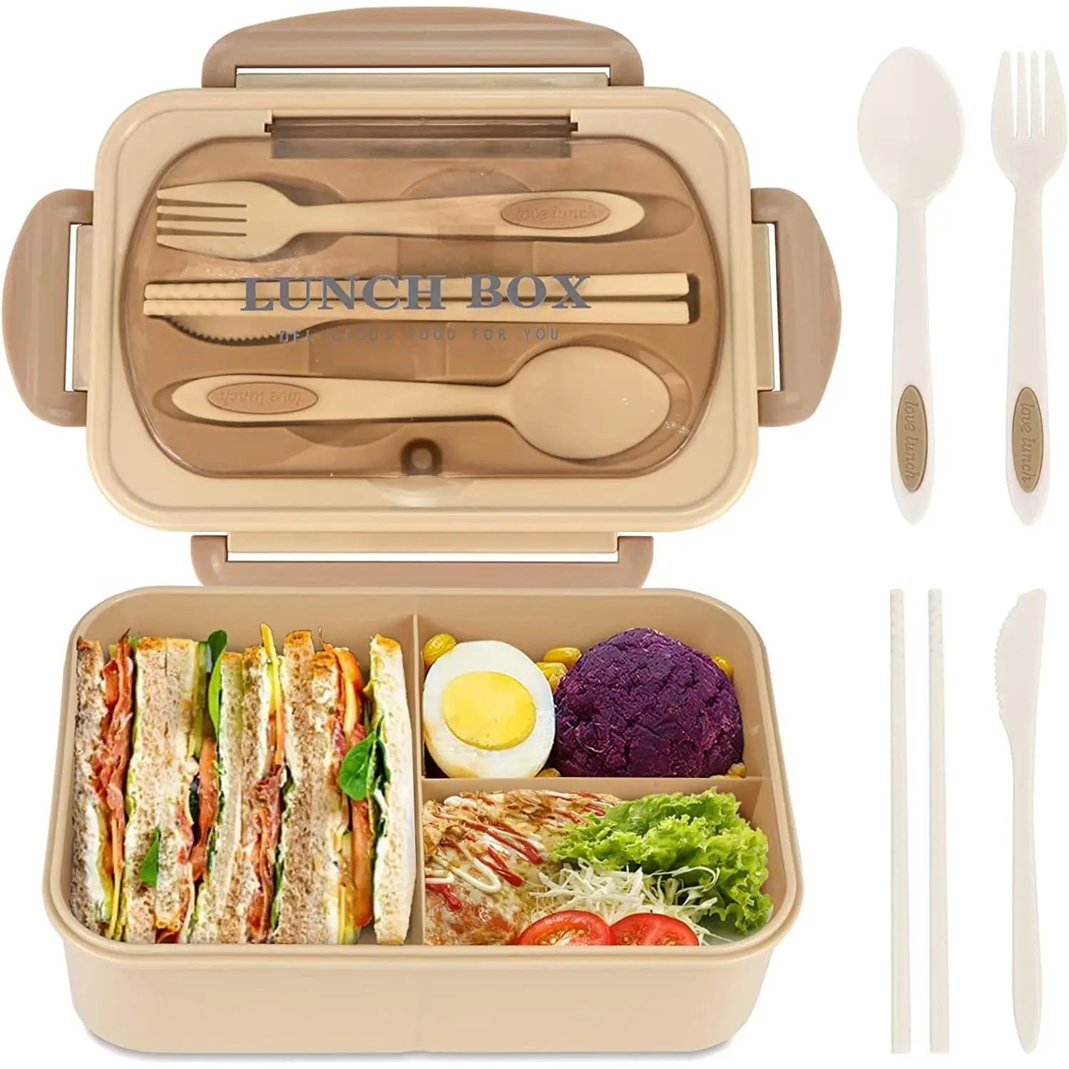 Arthink Durable 3-Compartment Bento Box for Adults (1210ML) - Leakproof ABS & Silicone Lid Lunch Container with Utensils, Microwave Safe Reusable Green Kitchen Tableware, Portable Thanksgiving Gift Value Pack