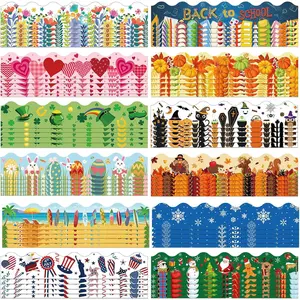 360 Pcs Halloween Bulletin Board Borders Decorations Fall Thanksgiving Christmas Holiday Spring Easter Valentine Classroom Borders Bulletin Board Trim for Classroom, School, 12 Stylish Designs
