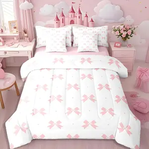 Pink Bow Comforter Set with Sheets for Kids Teens Girls,Modern Fashion Bow 7 Piece Bedding Sets,Dreamy Coquette Bowtie Bed in A Bag