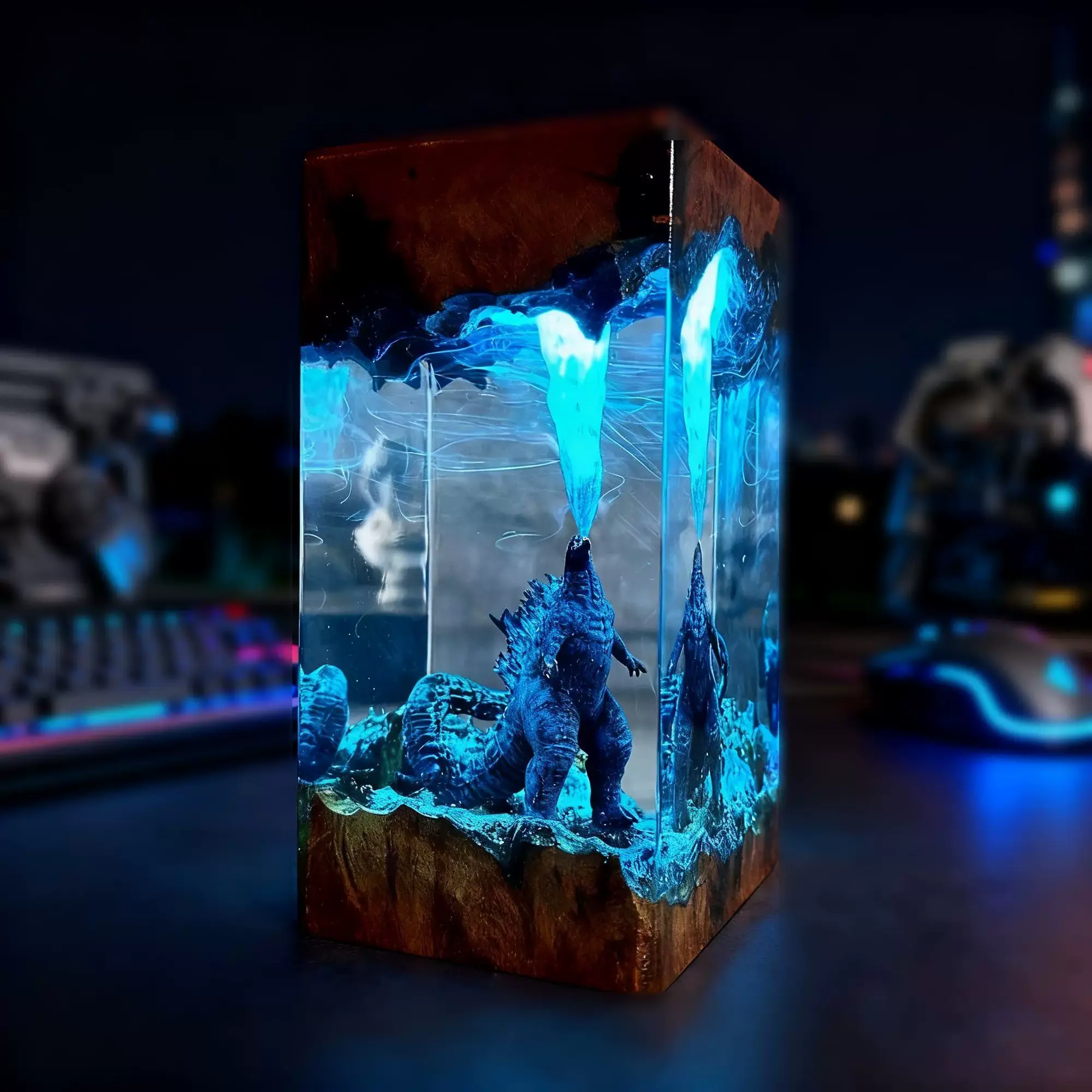 Godzilla LED Resin Night Light Handmade King of Monsters Atomic Breath Resin Lamp 3D Monster Diorama Glowing Desk Mood Lamp, Ambient Lighting for Gaming Setup Bedroom Man Cave Game Room Decor, Perfect Gift for Movie Fans Gamers Birthday Christmas
