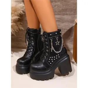 Women's autumn and winter fashion large size short boots, thick-heeled thick sole high water platform waterproof leather surface metal chain rivet decoration laced motorcycle, light and comfortable soft sole anti-skid wear-resistant high-boost punk style