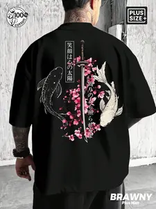 Men's Plus Size 100% Cotton Japanese Koi Sakura Samurai Katana Ukiyo-e Cultural Graphic Oversized T-Shirt, Dark Retro Japanese Streetwear Short Sleeve Crew Neck Tee for Summer Daily Wear
