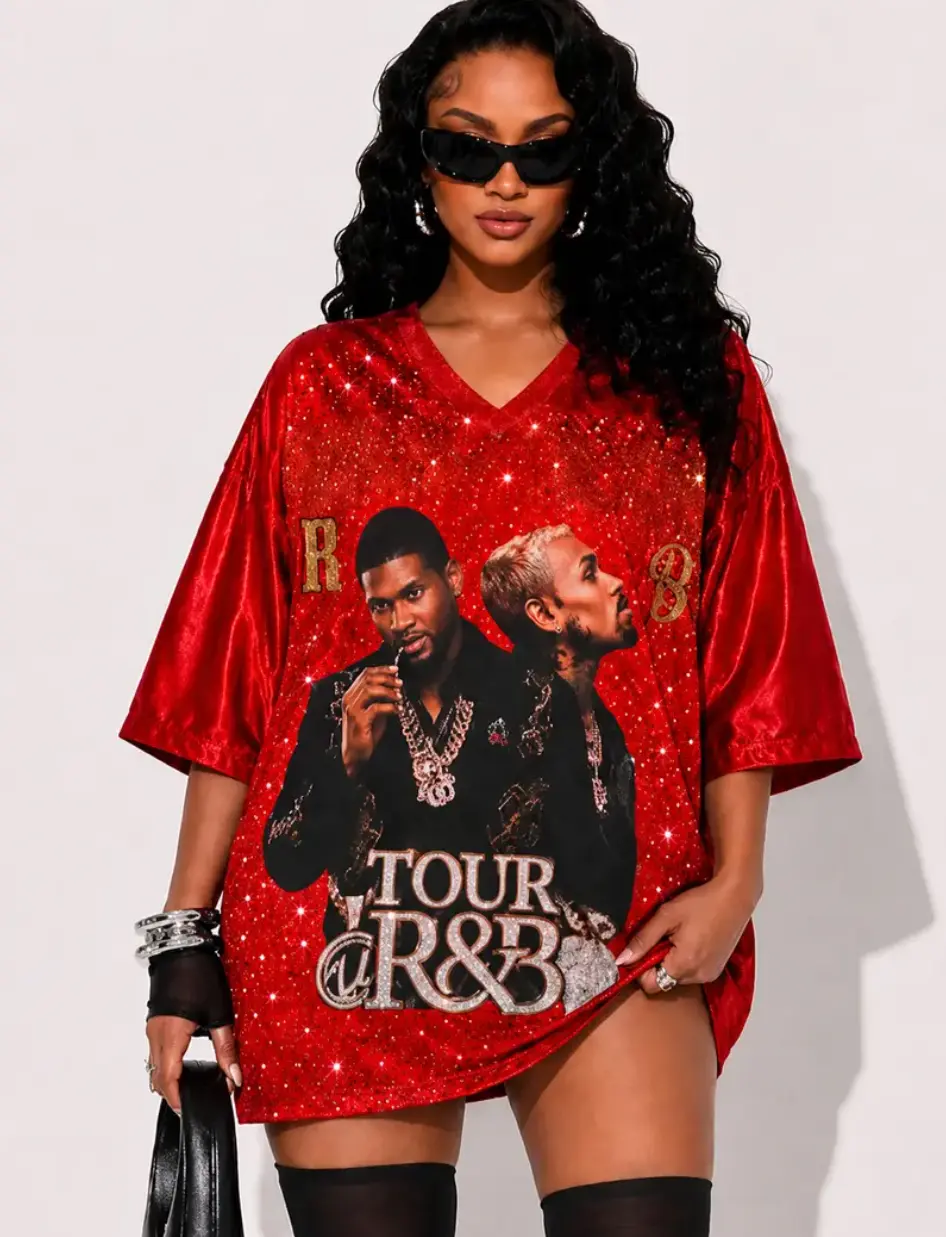 R&B Tour Red Jersey – 3D Glitter & Bling Sleeveless Baseball Jersey, Vintage Concert Outfit, Hip Hop Streetwear for Men & Women