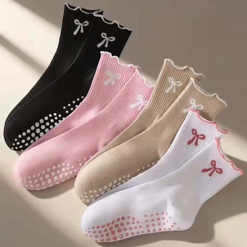 Women's 4-Pair Compression Socks, Wooden Earlobe-Style Calf-High Athletic Female Stockings with Bows, Anti-Slip Grips, Polyester, Hand Wash Only, Expandable Stretchable All-Season Sportswear